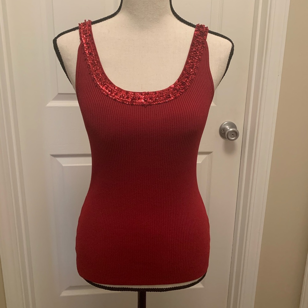 Red knit sequin detail tank top